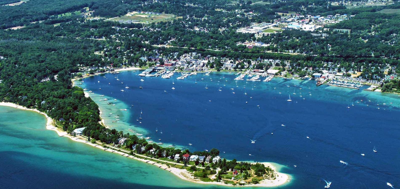 Aerial view of the Harbor Springs waterfront and Harbor Point